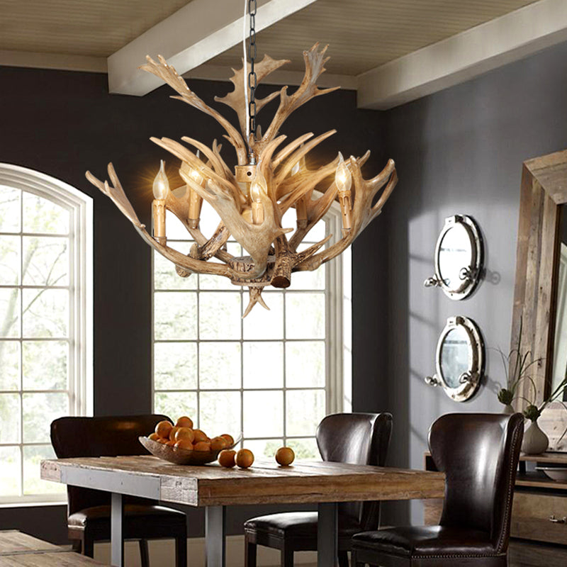 Salle de salle à manger de bougie lampe suspendue à la résine traditionnelle 5 ampoules marron clair