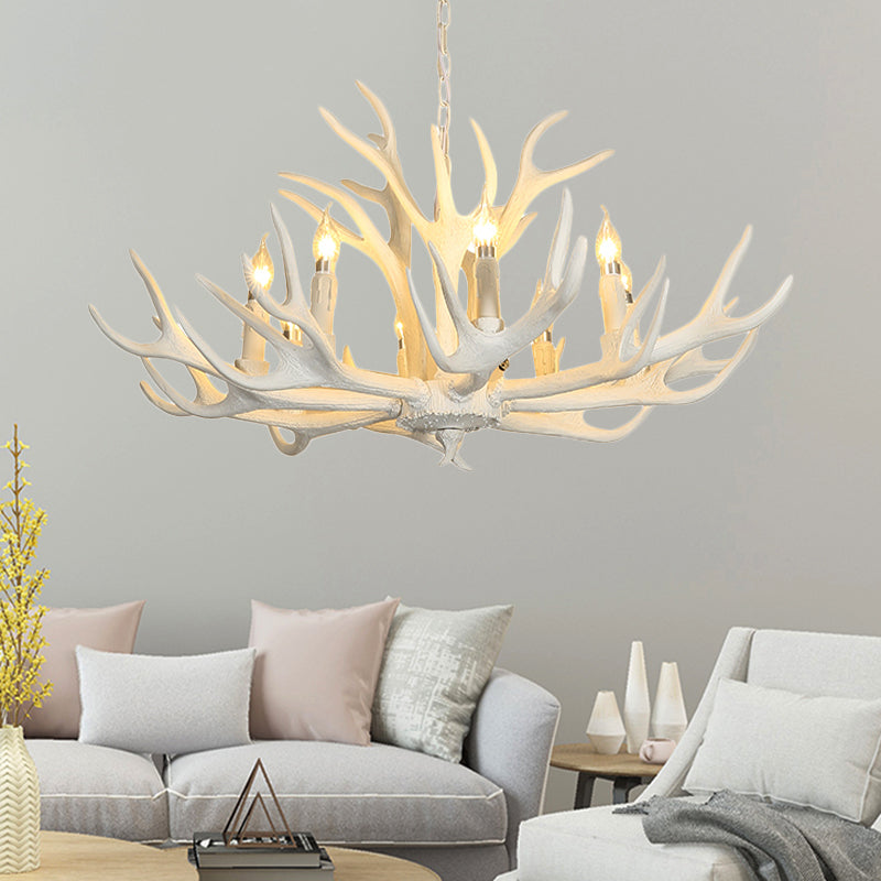 Traditional Candelabra Hanging Pendant 8 Lights Resin Ceiling Chandelier in White for Living Room