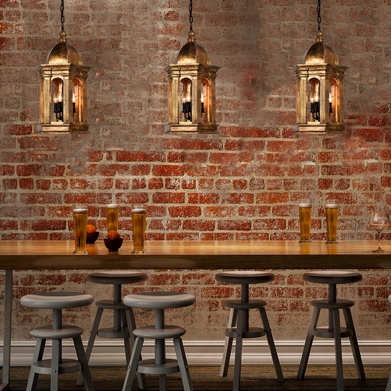 3 Lights Metal Chandelier Lamp Vintage Gold Lantern Bar Adjustable Down Lighting Pendant