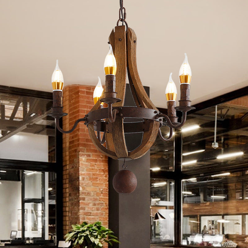 Rust 5 Lights Chandelier Lighting Rustic Wooden Basket Pendant Lamp for Restaurant, 16.5"/19.5" Wide