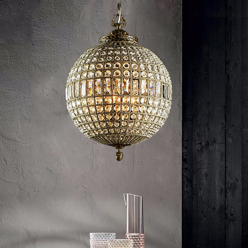 Traditional Orb Hanging Lamp 3 Bulbs Crystal Chandelier Light Fixture in Brass for Living Room