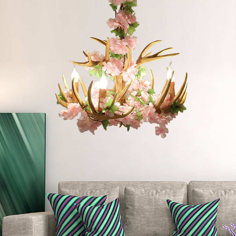 Candle Living Room Hanging Lamp Rustic Resin 4/6/12 Bulbs Pink/Green Chandelier Pendant Light