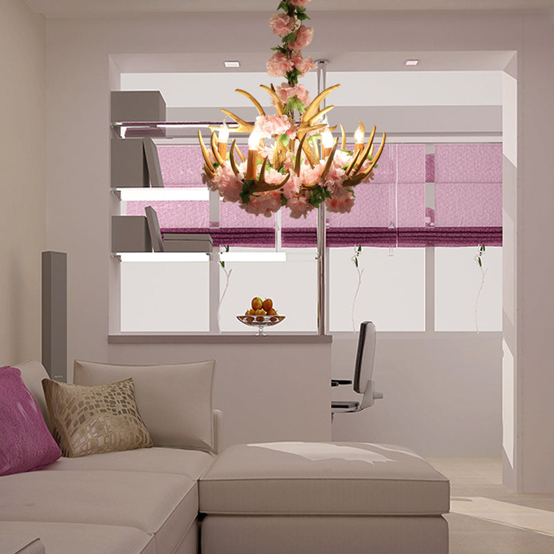 Candle Living Room Hanging Lamp Rustic Resin 4/6/12 Bulbs Pink/Green Chandelier Pendant Light