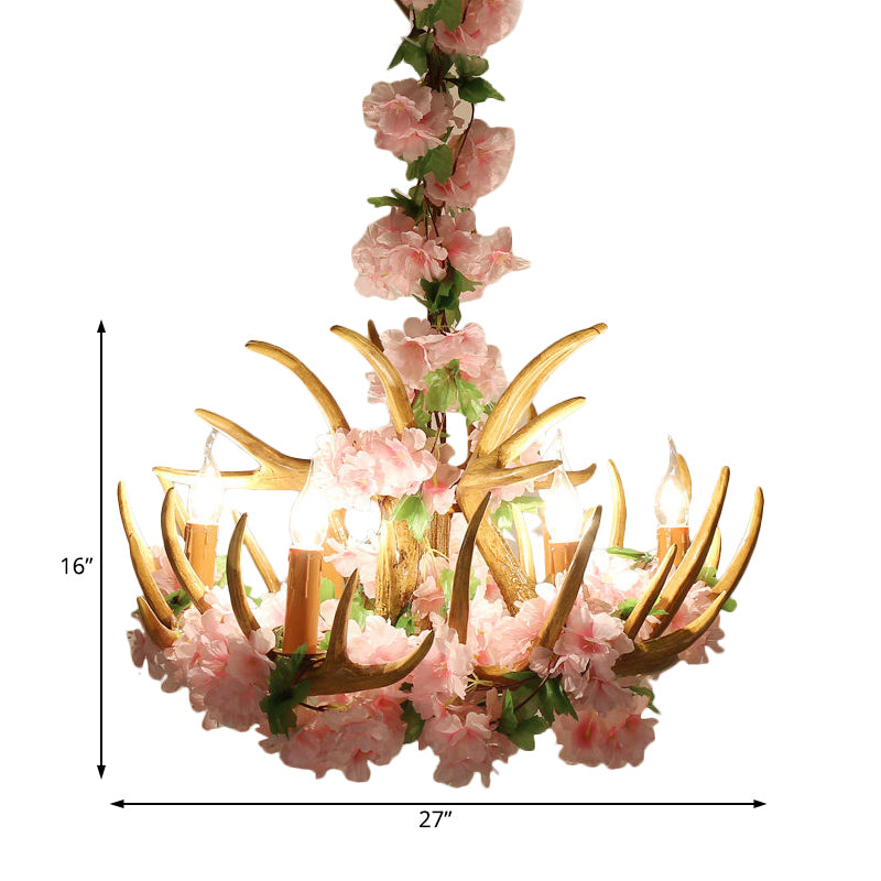 Candle Living Room Hanging Lamp Rustic Resin 4/6/12 Bulbs Pink/Green Chandelier Pendant Light