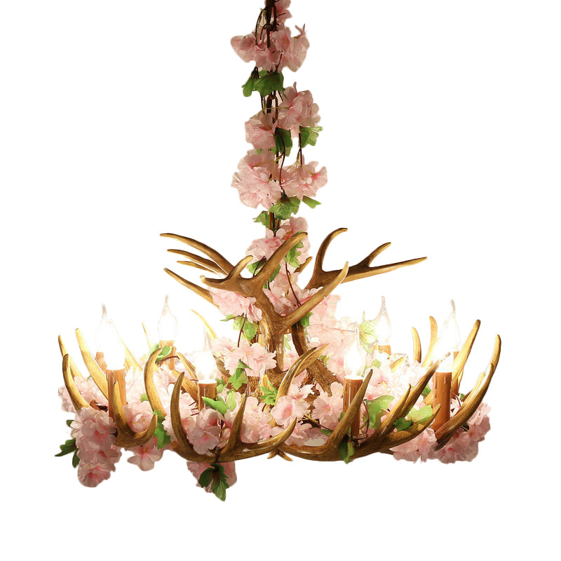 Candle Living Room Hanging Lamp Rustic Resin 4/6/12 Bulbs Pink/Green Chandelier Pendant Light