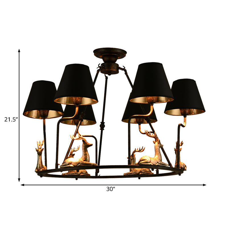 Black Cone Pendant Chandelier Farmhouse Fabric 6/8 Heads Dining Room Hanging Ceiling Light with Deer Element
