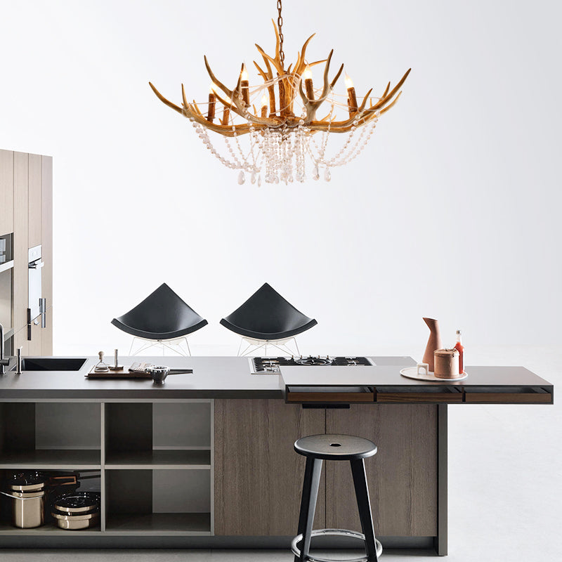 Resin Candle Chandelier Lamp Rustic 8-Head Kitchen Island Pendant Ceiling Light with Cascading Crystal in Brown