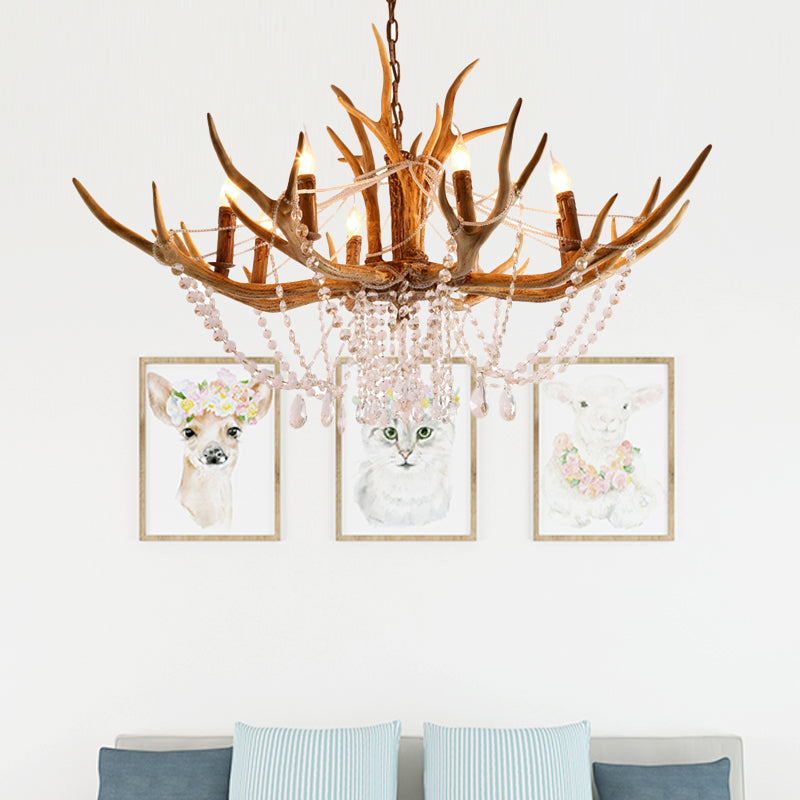 Resin Candle Chandelier Lamp Rustic 8-Head Kitchen Island Pendant Ceiling Light with Cascading Crystal in Brown