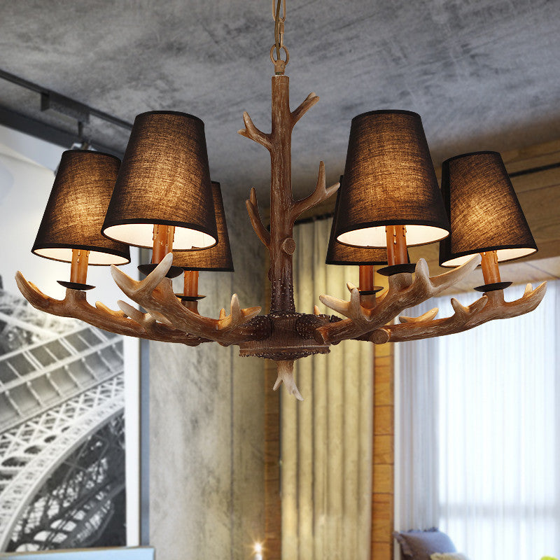 Tapered Living Room Drop Lamp Traditional Fabric 6 Bulbs Black Chandelier Pendant Light with Antler Decoration