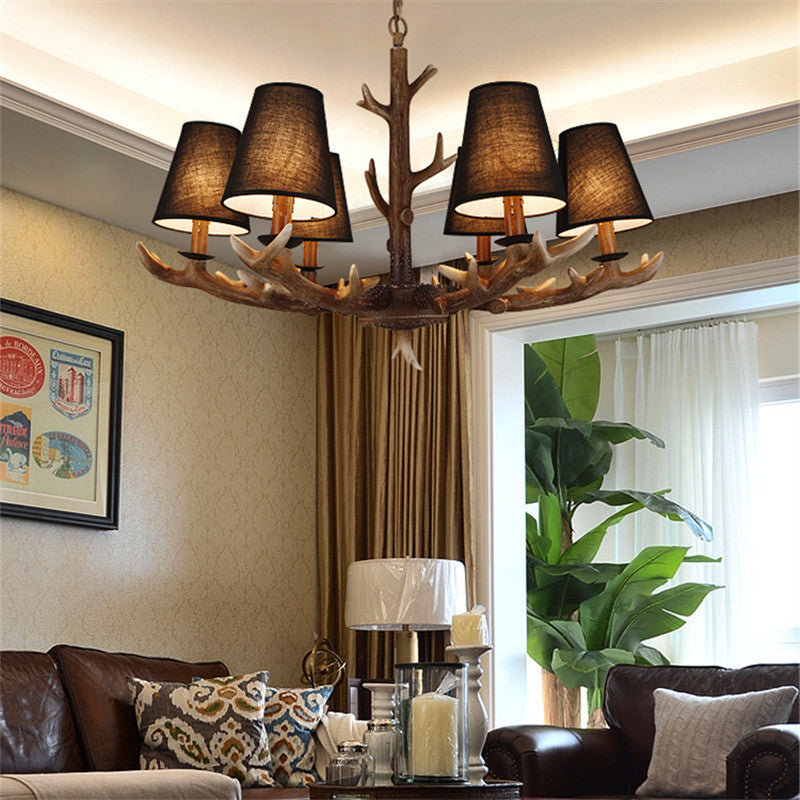 Tapered Living Room Drop Lamp Traditional Fabric 6 Bulbs Black Chandelier Pendant Light with Antler Decoration