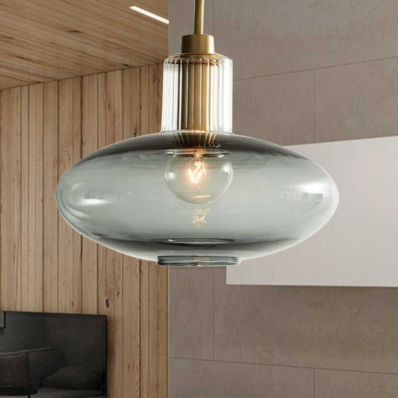 Contemporary Oval Suspension Pendant Grey/Blue Glass 1 Head Hanging Light for Bedroom