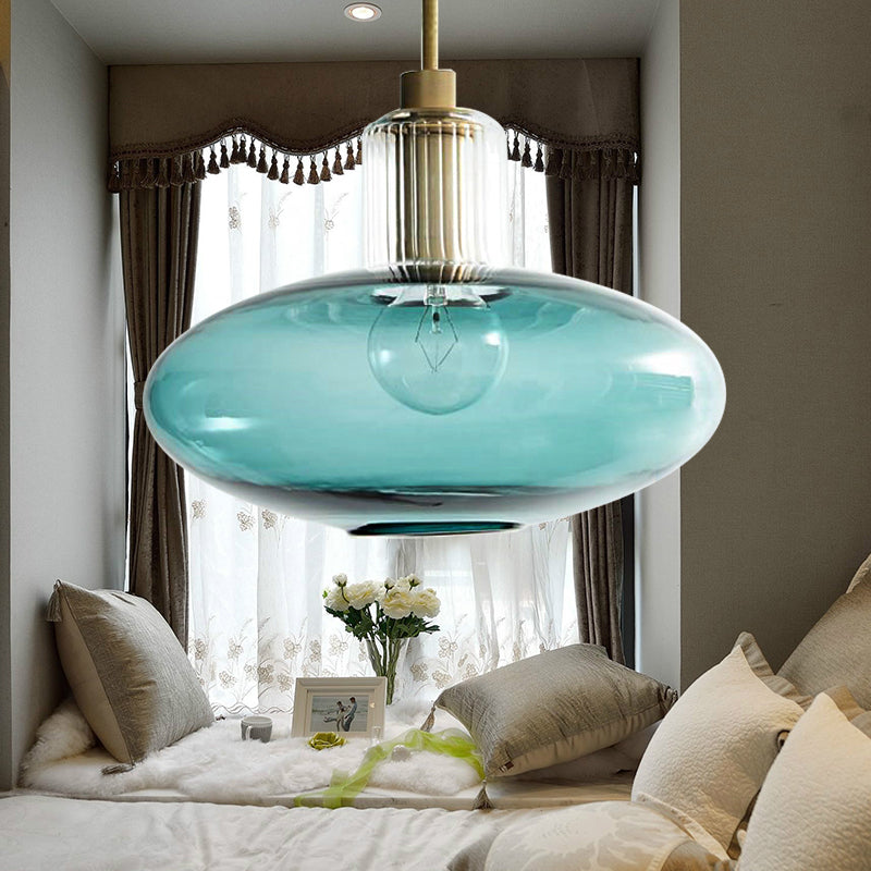 Contemporary Oval Suspension Pendant Grey/Blue Glass 1 Head Hanging Light for Bedroom