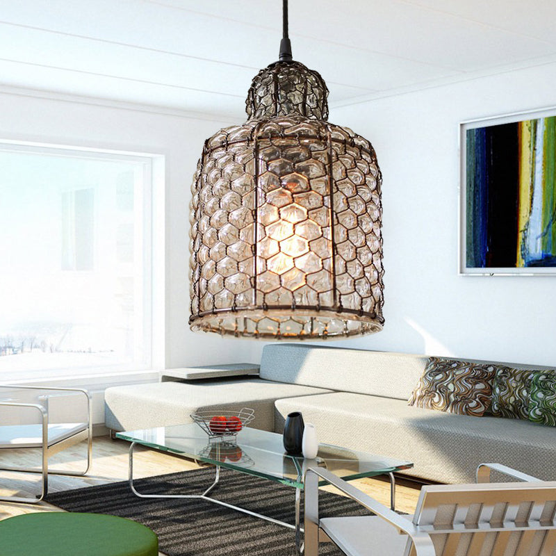 Bell Hanging Light Retro Brown Glass 1 Head Ceiling Suspension Lamp for Living Room