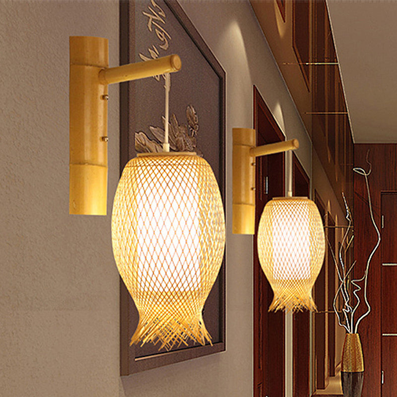 Hand Woven Bamboo Wall Sconce Lighting Asian Style 1 Bulb Beige Wall Lamp with Oblong Shade