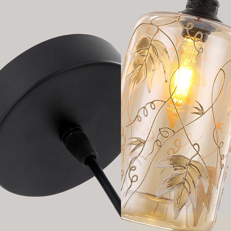 Cilindrisch hangend licht modernisme barnsteenglas 1 kop hanglamp met bladpatroon voor slaapkamer
