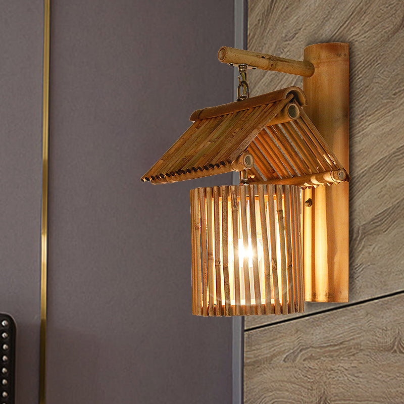 Bruin/houten huisvormige muurlicht SCONCE LODE Stijlvol 1 lichte bamboe sconce lamp voor balkon