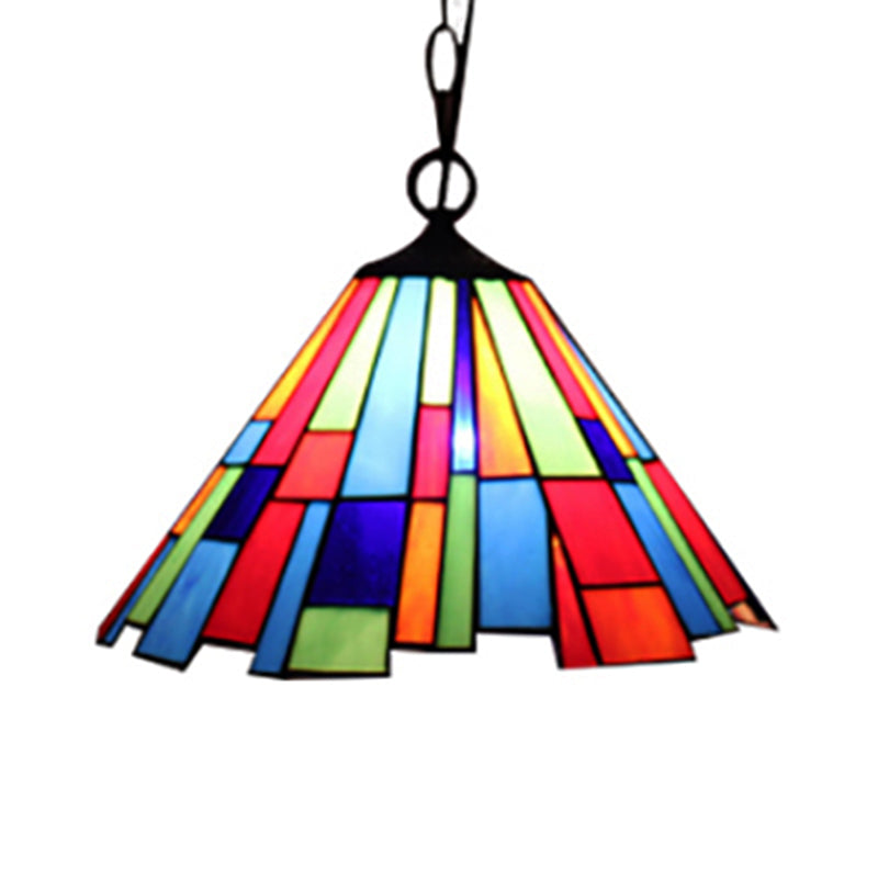 Stained Glass Conical Hanging Lamp Tiffany 1 Bulb Black Ceiling Pendant for Dining Room, 12"/16" Wide