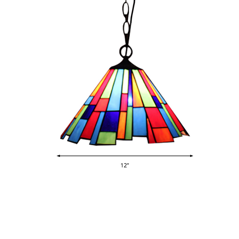 Stained Glass Conical Hanging Lamp Tiffany 1 Bulb Black Ceiling Pendant for Dining Room, 12"/16" Wide