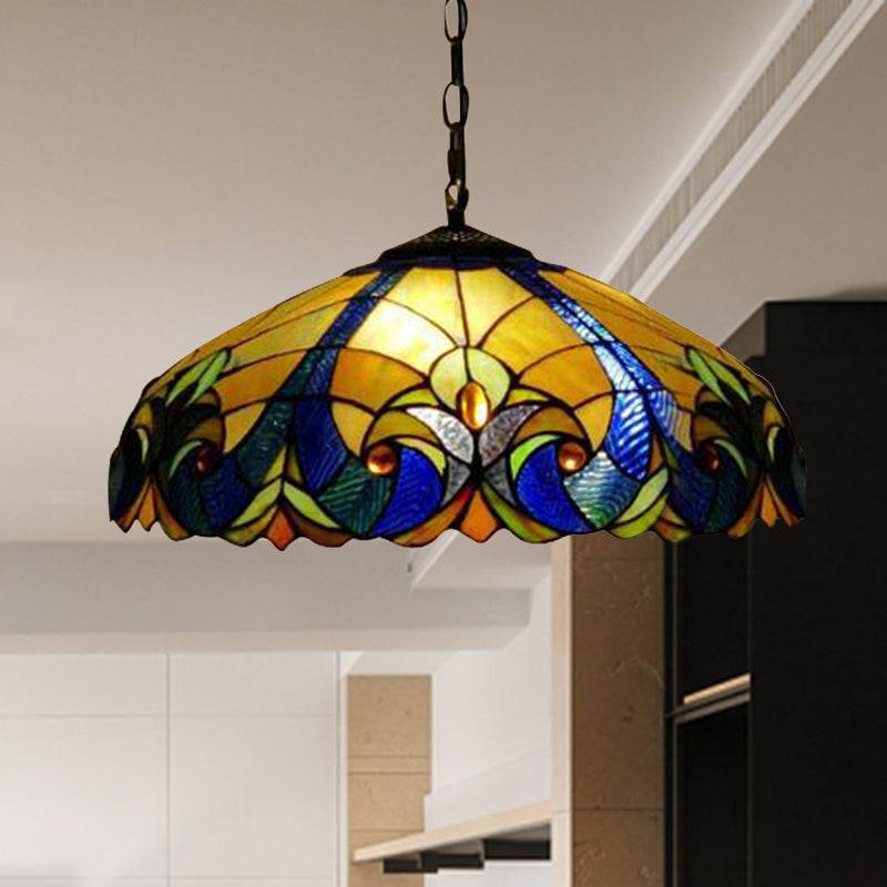 Tiffany Flared Ceiling Lamp 4 Heads Yellow/Blue Stained Art Glass Hanging Light Kit for Bedroom