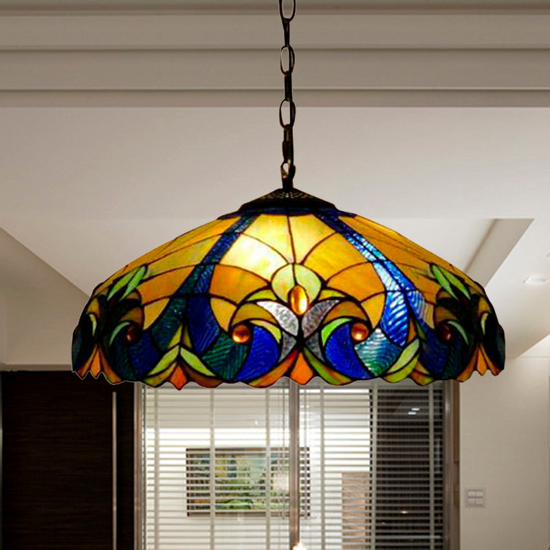 Tiffany Flared Ceiling Lamp 4 Heads Yellow/Blue Stained Art Glass Hanging Light Kit for Bedroom