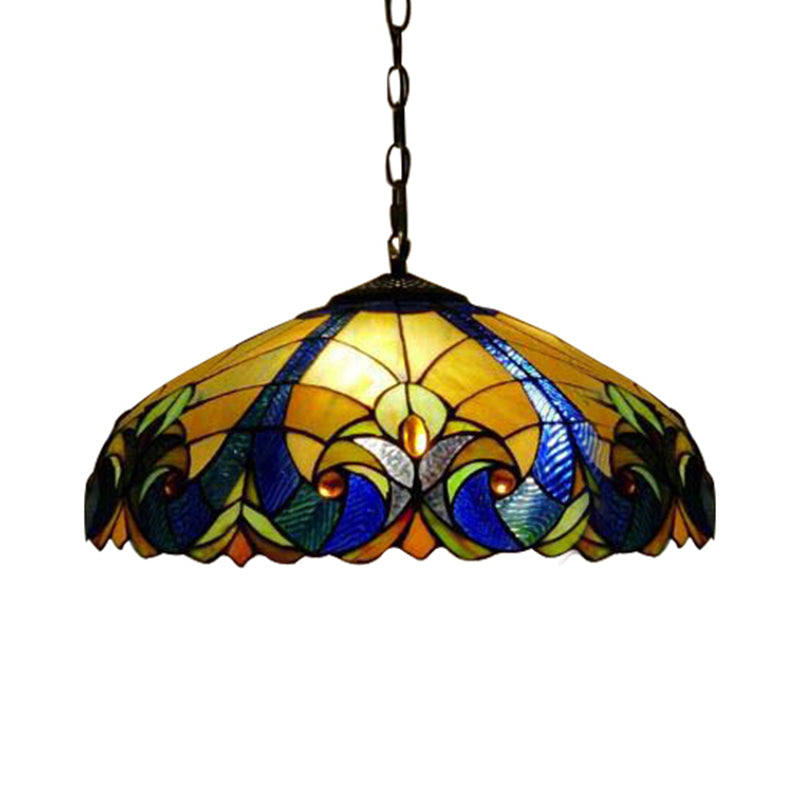 Tiffany Flared Ceiling Lamp 4 Heads Yellow/Blue Stained Art Glass Hanging Light Kit for Bedroom