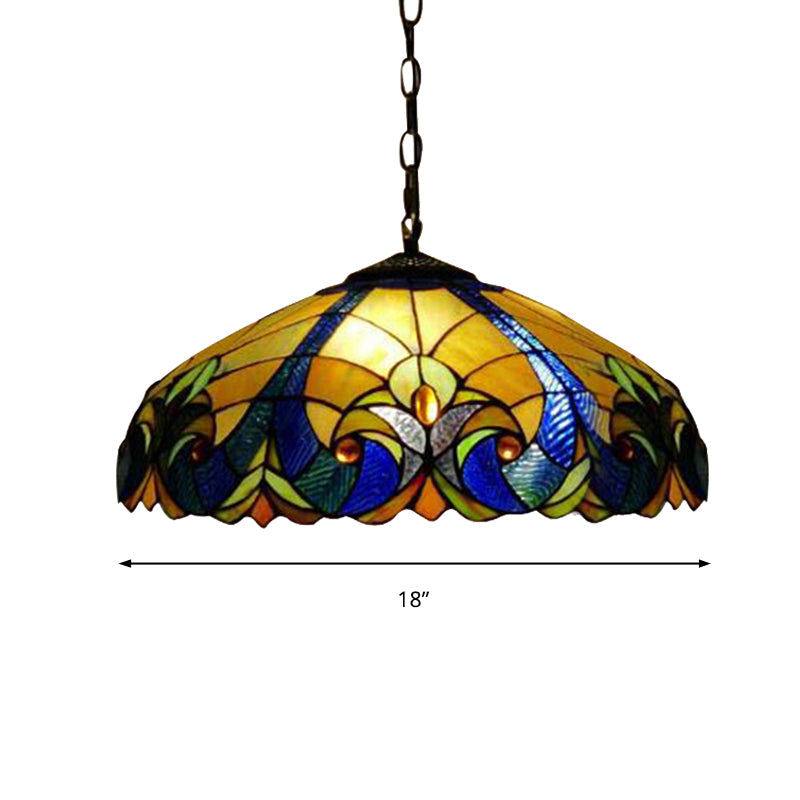 Tiffany Flared Ceiling Lamp 4 Heads Yellow/Blue Stained Art Glass Hanging Light Kit for Bedroom