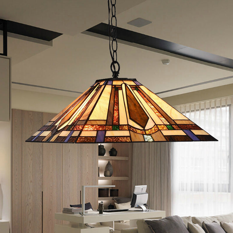 Tiffany Rhombus/Shell Ceiling Lamp 1 Head Brown Stained Art Glass Hanging Pendant Light for Dining Room