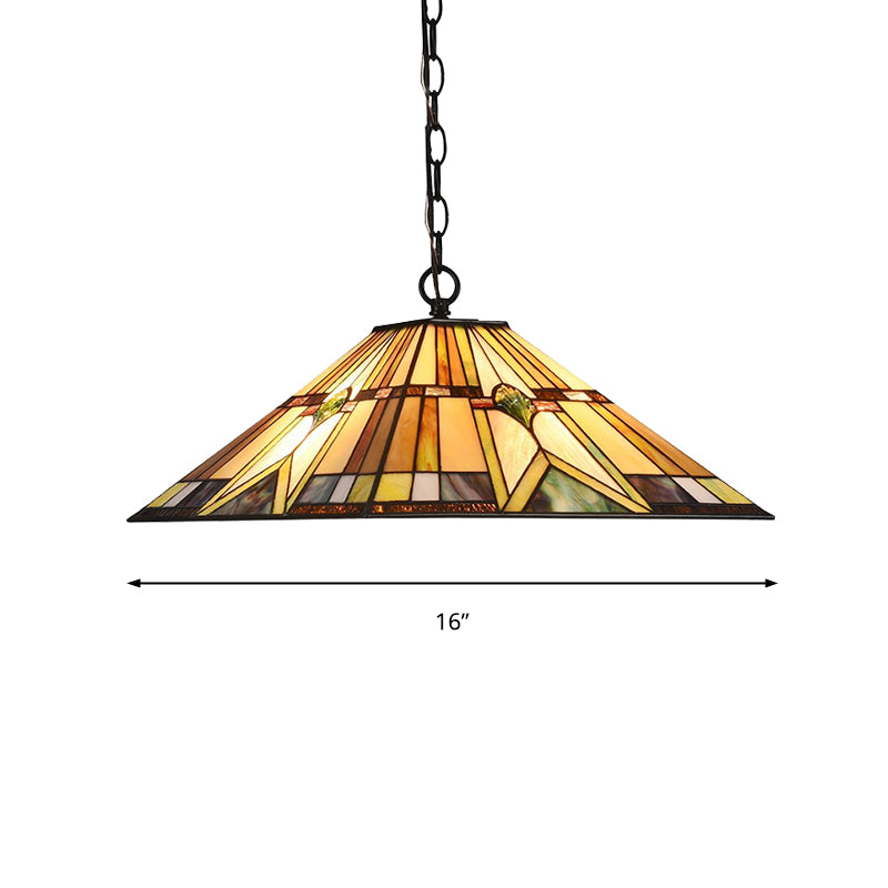 Tiffany Rhombus/Shell Ceiling Lamp 1 Head Brown Stained Art Glass Hanging Pendant Light for Dining Room