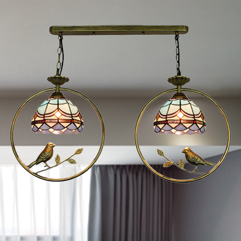 Luce a sospensione progettata vittoriana con Little Bird 2 lampadine Tiffany macchiata di vetro appeso per la libreria