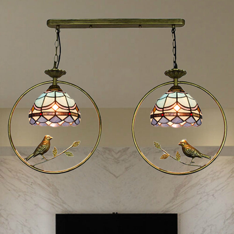 Luce a sospensione progettata vittoriana con Little Bird 2 lampadine Tiffany macchiata di vetro appeso per la libreria