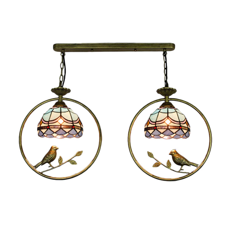 Victorian Designed Suspension Light with Little Bird 2 Bulbs Tiffany Stained Glass Hanging Light for Bookstore