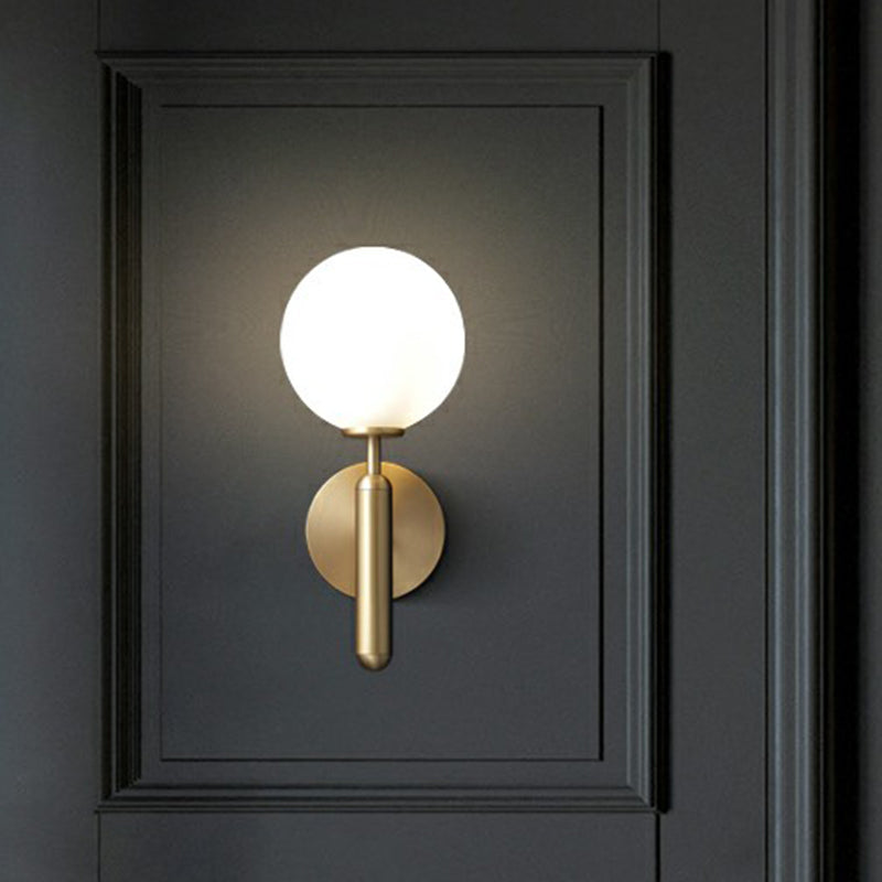 1-Light Living Room Sconce Lighting Minimalist Brass Wall Light with Ball Cream Glass Shade