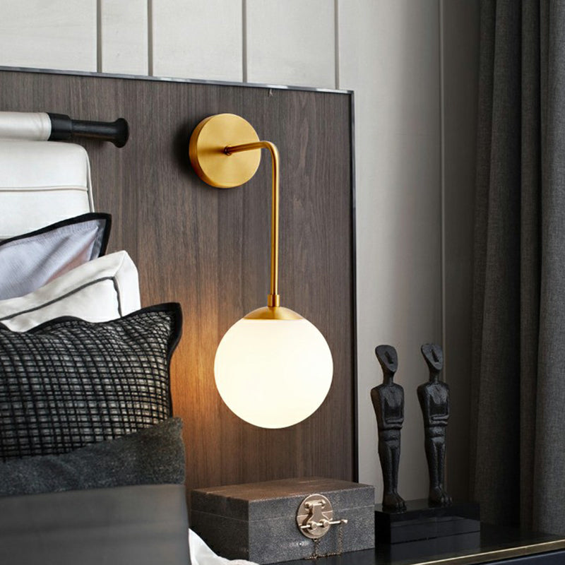 Global Wall Light Fixture Simplicity White Glass 1 Bulb Bedroom Sconce Lamp in Brass