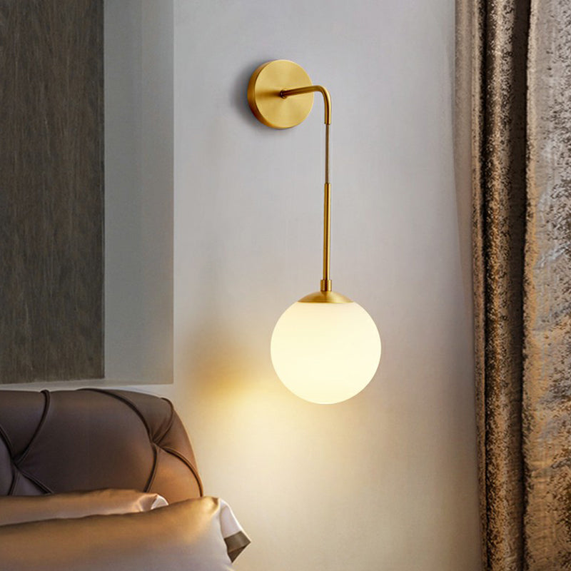 Global Wall Light Fixture Simplicity White Glass 1 Bulb Bedroom Sconce Lamp in Brass