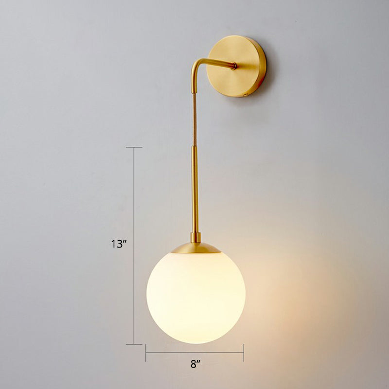 Global Wall Light Fixture Simplicity White Glass 1 Bulb Bedroom Sconce Lamp in Brass