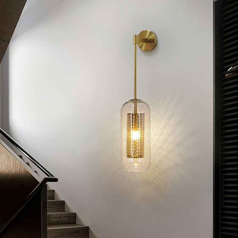 Postmodern Capsule Sconce Lighting Clear Glass 1 Head Stairs Wall Light with Wire Mesh Inner