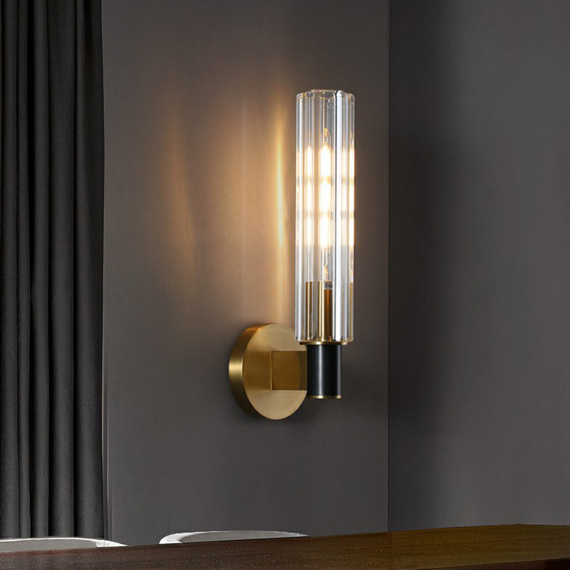 Tubular Wall Light Sconce Minimalist Crystal Prism Brass Finish Wall Mount Light for Bedroom