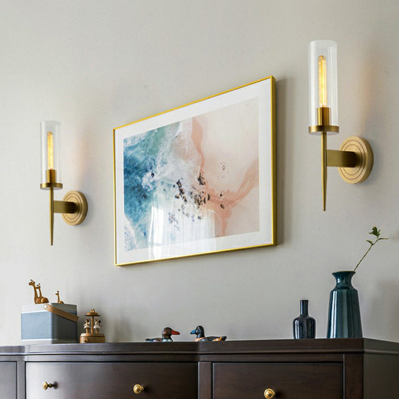 Prismatic Glass Tube Wall Light Postmodern Brass Finish Sconce Fixture for Living Room