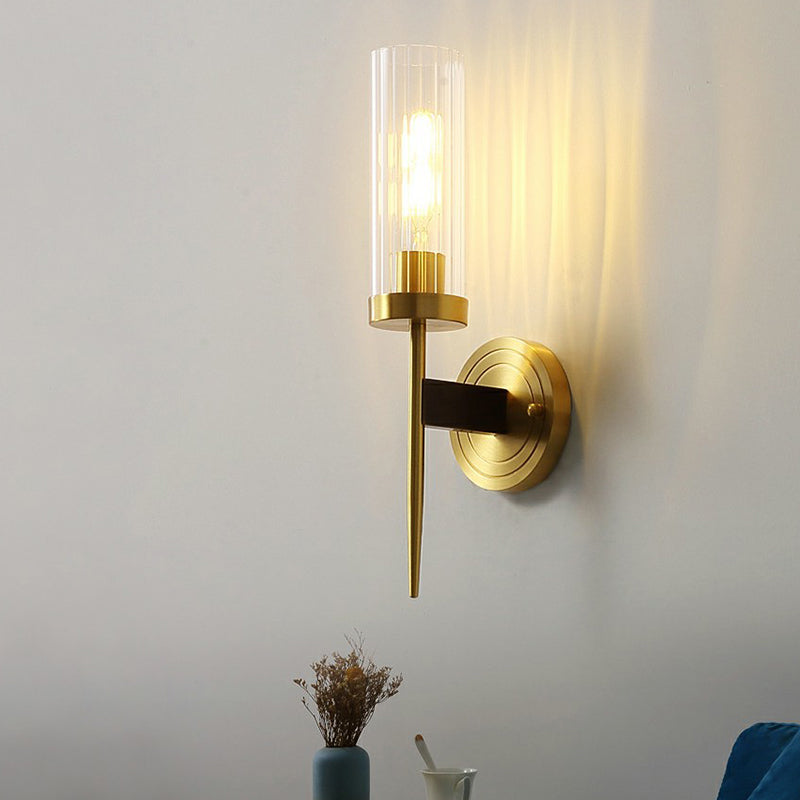 Prismatic Glass Tube Wall Light Postmodern Brass Finish Sconce Fixture for Living Room