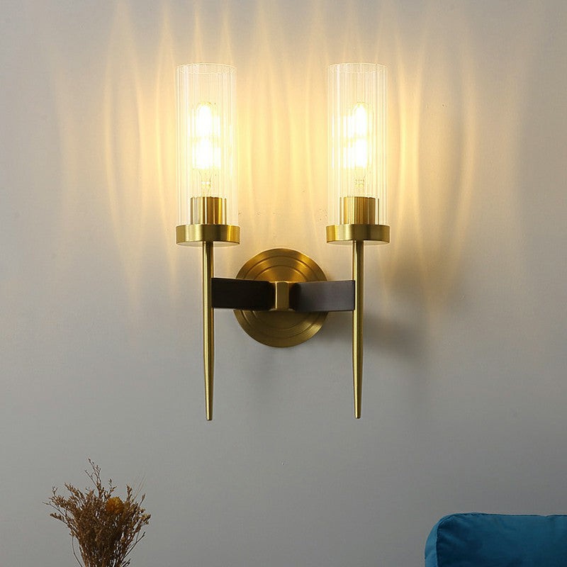 Prismatic Glass Tube Wall Light Postmodern Brass Finish Sconce Fixture for Living Room