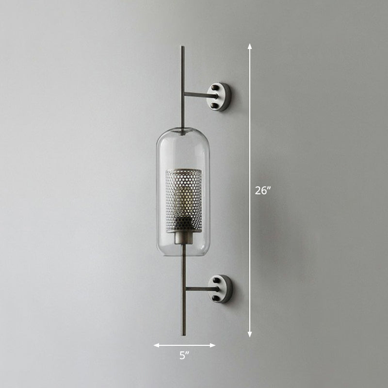 Iron Mesh Wall Mount Lamp Postmodern 1 Head Sconce Light with Capsule Clear Glass Shade