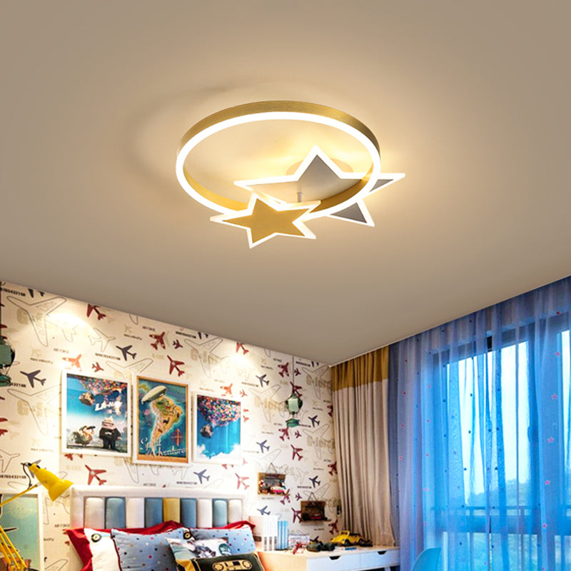 Gold Star and Circle LED Ceiling Flush Childrens Metal Flush Mount Light Fixture for Kids Room