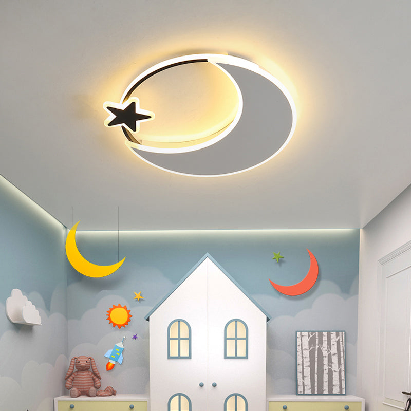 Acrylic Moon and Star Ceiling Fixture Childrens Black-White LED Flush Mount Light for Bedroom