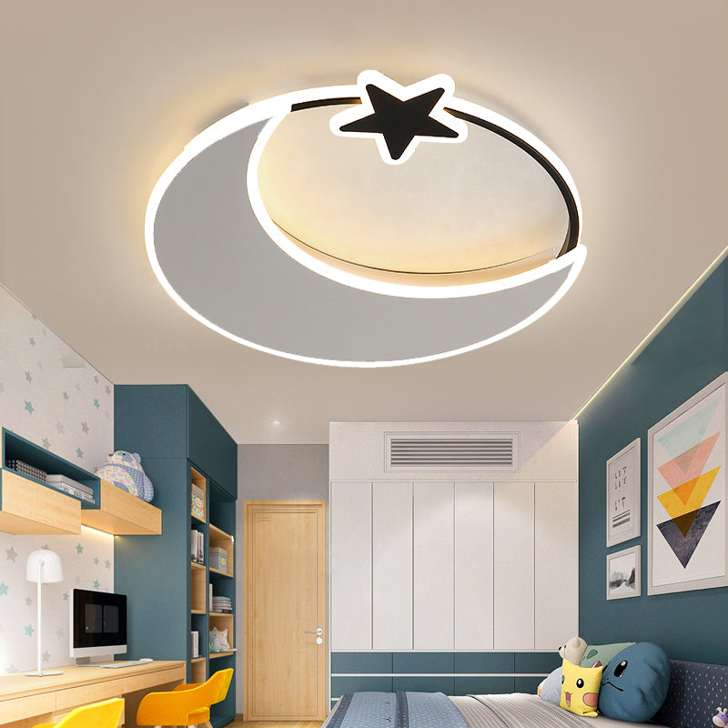 Acrylic Moon and Star Ceiling Fixture Childrens Black-White LED Flush Mount Light for Bedroom