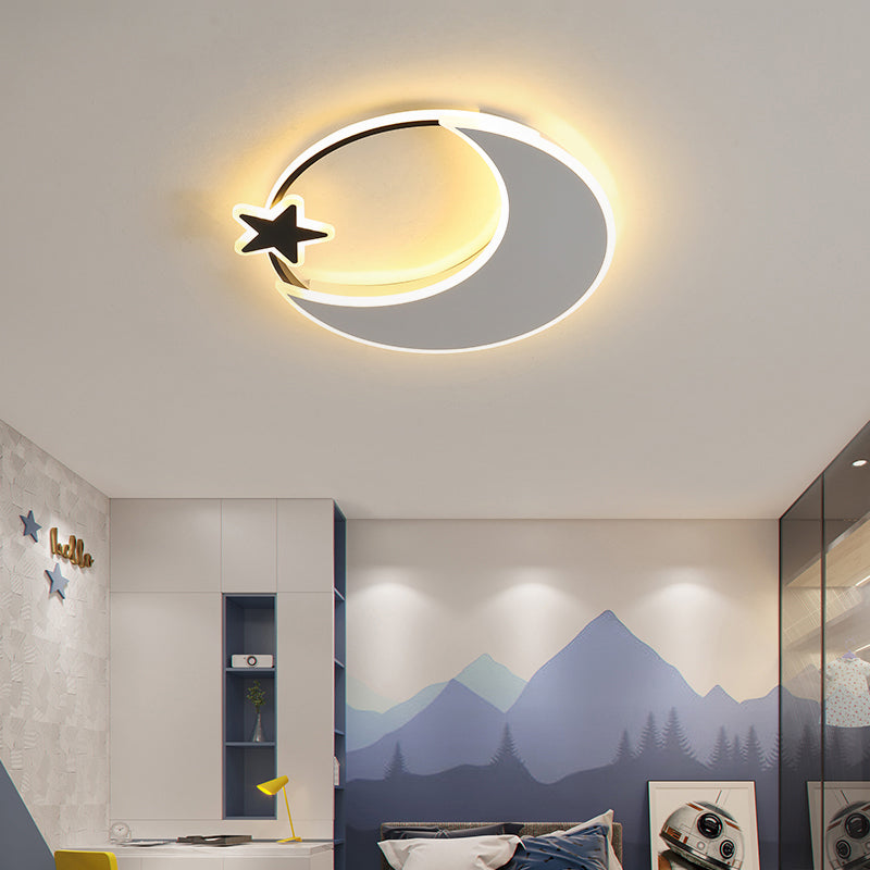 Acrylic Moon and Star Ceiling Fixture Childrens Black-White LED Flush Mount Light for Bedroom