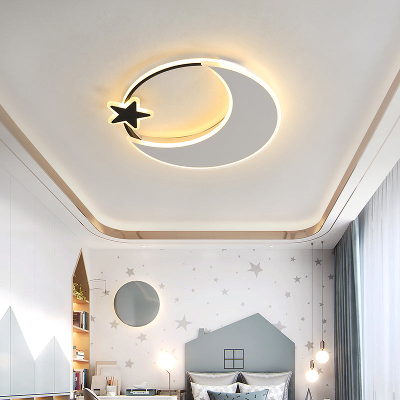 Acrylic Moon and Star Ceiling Fixture Childrens Black-White LED Flush Mount Light for Bedroom