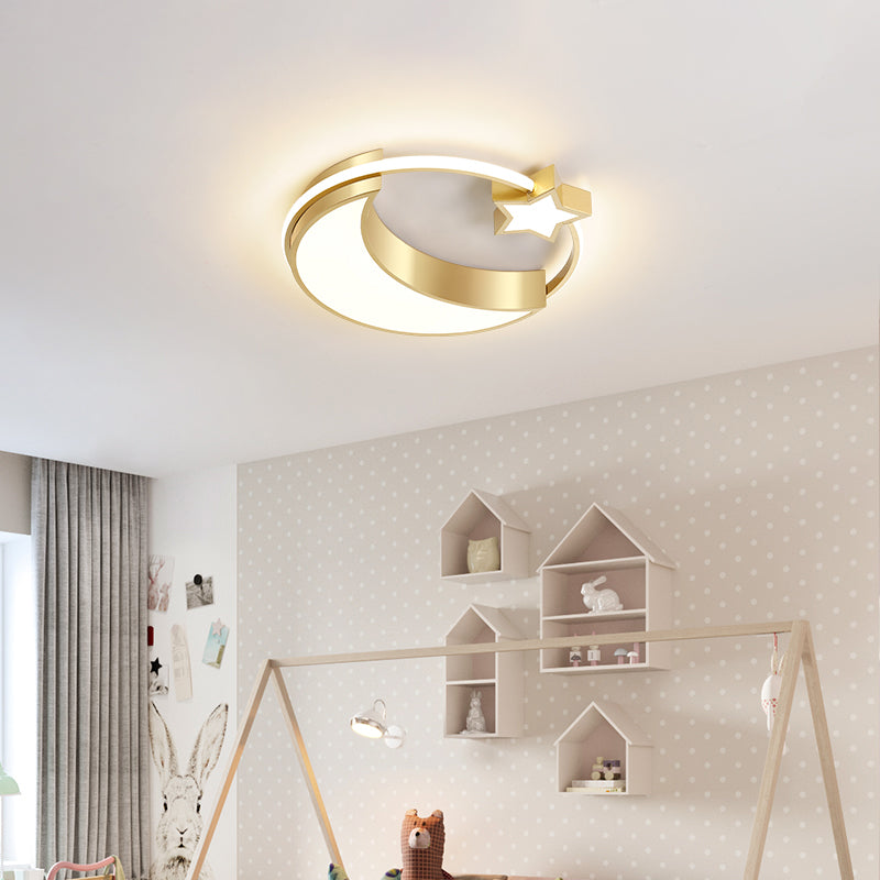 Golden Moon and Star LED Flush Mount Fixture Nordic Acrylic Ceiling Flush Mount Light for Nursery