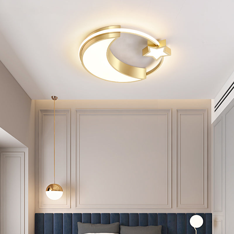 Golden Moon and Star LED Flush Mount Fixture Nordic Acrylic Ceiling Flush Mount Light for Nursery