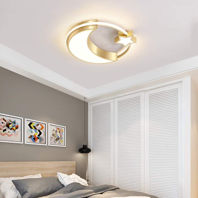 Golden Moon and Star LED Flush Mount Fixture Nordic Acrylic Ceiling Flush Mount Light for Nursery