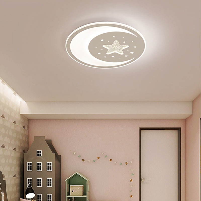 Starry Moon Night Nursery Ceiling Light Acrylic Kids LED Flush Mount Light Fixture in White